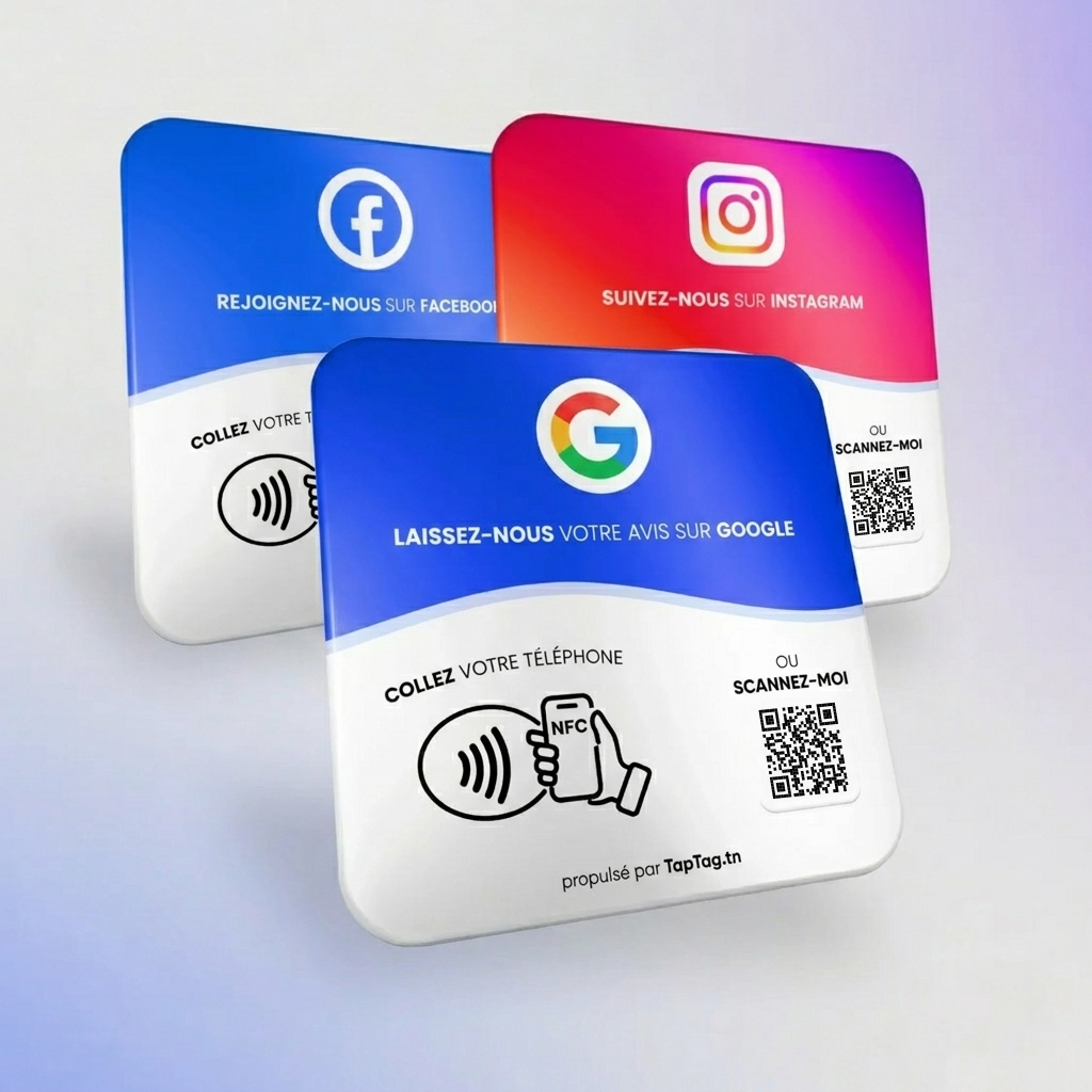 Plaques NFC TapTag pour avis Google, Facebook et Instagram avec QR Code