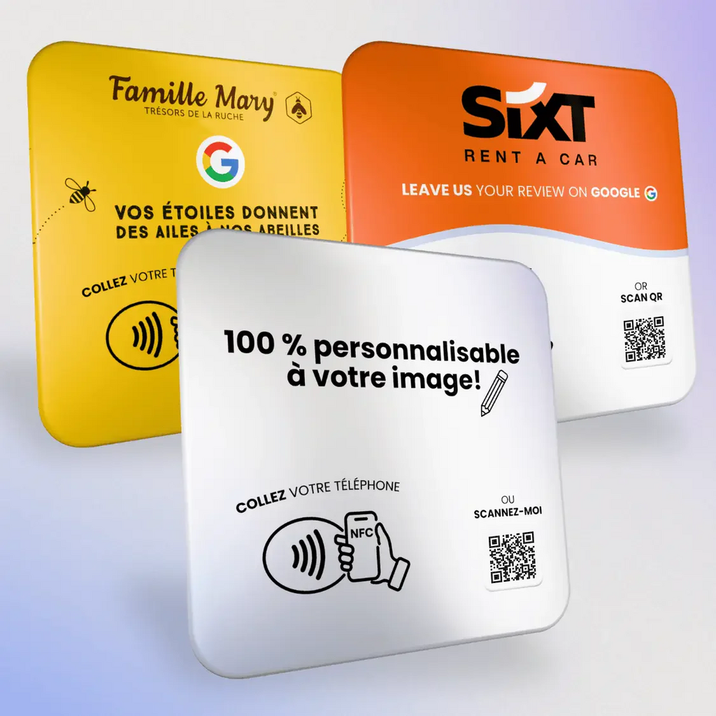 Plaques NFC TapTag personnalisables pour entreprises avec avis Google et réseaux sociaux
