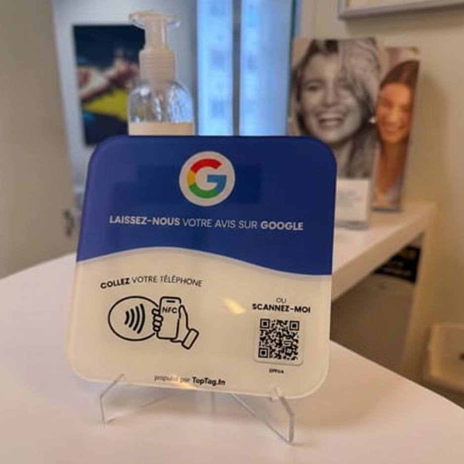 Plaque NFC TapTag utilisée par un client pour collecter des avis Google